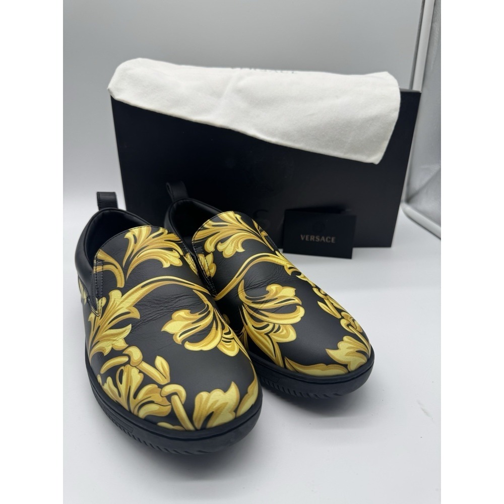 Versace Barocco Black Gold Leather Slip On Sneakers Mens 41 Made in Italy